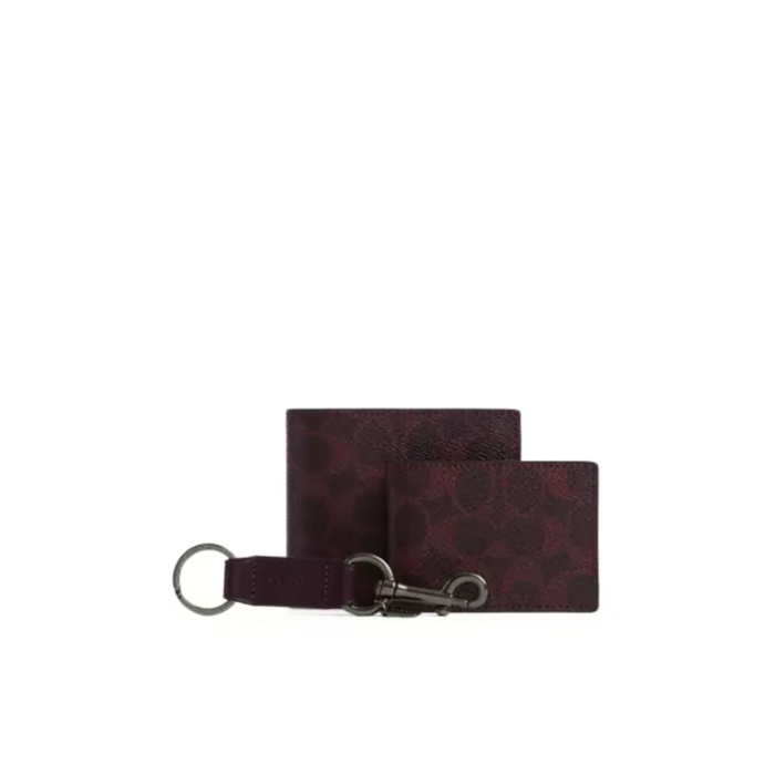 Coach Boxed 3-In-1 Wallet Gift Set signature canvas Gunmetal Black Currant